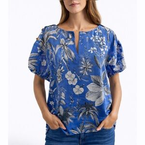 J. Crew Ratti Blue Tropical Toile Linen Short Sleeve Top Womens Small NEW